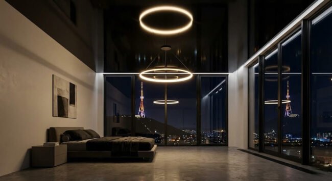 ავი პრიალა გასაჭიმი ჭერი საძინებელში განათებით