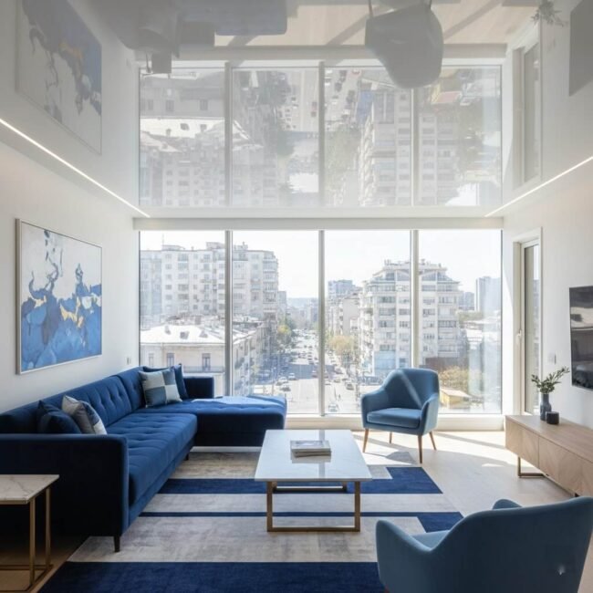 თეთრი პრიალა გასაჭიმი ჭერი მისაღებ ოთახში