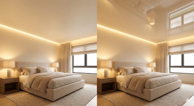 მატოვი და პრიალა გასაჭიმი ჭერის შედარება საძინებლის დიზაინში