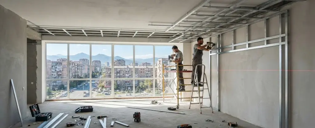 ორდონიანი ფრანგული ჭერის კონსტრუქციის მონტაჟი და ლაზერული თარაზო