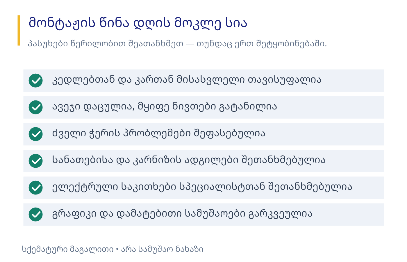 ექვსპუნქტიანი სია: მისასვლელი, ავეჯი, საფუძველი, განათება, ელექტრული მომზადება და გრაფიკი